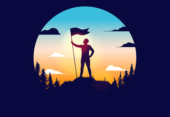 Raised flag on hill - proud man reached his goal, holding a flag on a hilltop. Successful, winner, proudness and achievement concept. Circular vector illustration.
