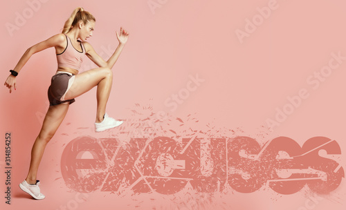 Cuadros en Lienzo Determined female runner stepping on excuses inscription