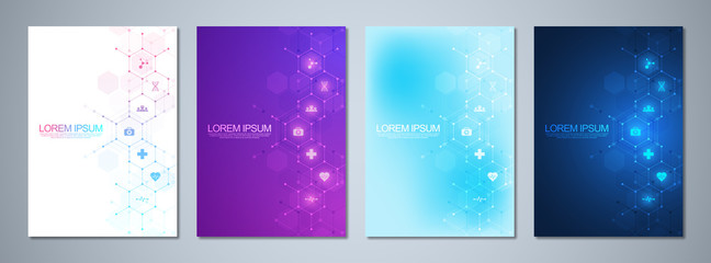 Set of template brochures or cover book, page layout, flyer design. Concept and idea for health care business, innovation medicine, pharmacy, technology. Medical background with flat icons and symbols
