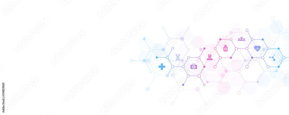 Abstract medical background with flat icons and symbols. Template design with concept and idea for healthcare technology, innovation medicine, health, science and research. - obrazy, fototapety, plakaty 