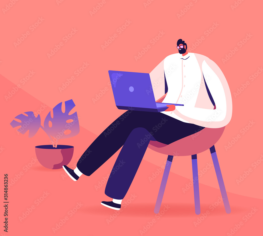Young Business Man, Programmer, Creative Outsourced Employee Sitting on Chair Working on Laptop. Freelancer Work Remotely at Home or Coworking Place Using Smart Device Cartoon Flat Vector Illustration - obrazy, fototapety, plakaty 
