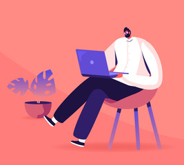 Wall Mural - Young Business Man, Programmer, Creative Outsourced Employee Sitting on Chair Working on Laptop. Freelancer Work Remotely at Home or Coworking Place Using Smart Device Cartoon Flat Vector Illustration