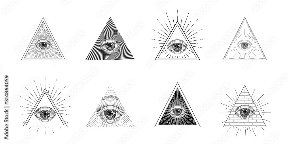 All seeing eye, freemason symbol in triangle with light ray, tattoo design - obrazy, fototapety, plakaty 