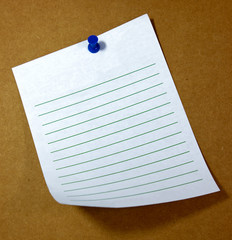 Wall Mural - Blank lined curled note pinned to bulletin board. 