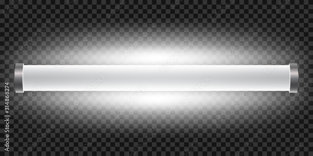 Realistic bright 3d long luminescence light lamp, white illuminated fluorescent tube isolated on transparent background – stock vector - obrazy, fototapety, plakaty 