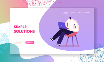 young business man sitting on chair working on laptop website landing page. freelancer work remotely