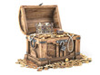 Open treasure chest filled with golden coins, gold and jewelry isolated on white background.