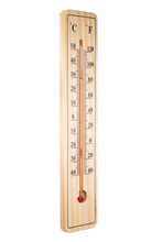 Closeup Photo Of Wooden Thermometer On White Background