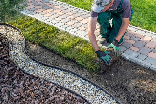 landscape gardener laying turf for new lawn