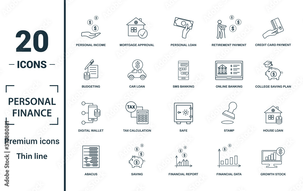 Personal Finance icon set. Include creative elements personal income, personal loan, budgeting, online banking, digital wallet icons. Can be used for report, presentation, diagram, web design - obrazy, fototapety, plakaty 