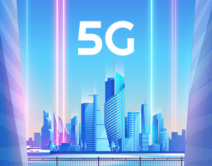 Canvas Print - 5g wireless network and smart city concept. night urban city with things and services icons connecti