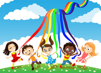 Wall Mural - Summer illustration with cheerful children and a rainbow in the blue sky.