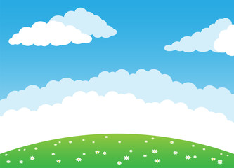 Wall Mural - Summer background with green meadow and clouds in the blue sky.