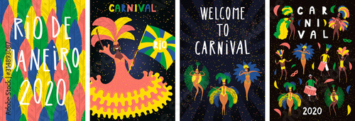 Set of Brazilian Carnival posters with dancing people in bright costumes, colorful feathers, text Canvas Print