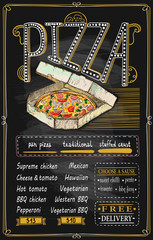 Wall Mural - Pizza menu chalkboard with pizza in delivery box