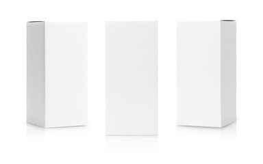 set of white box tall shape product packaging in side view and front view isolated on white backgrou