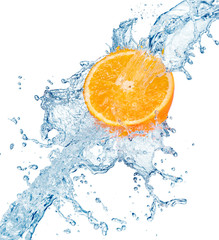 Wall Mural - half of orange in water splash isolated on white background