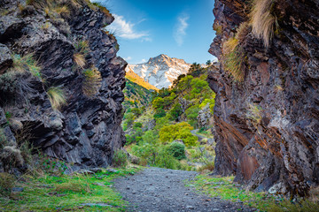 Vereda de la estrella in autumnGüéjar-Sierra, Spain - October 27, 2019. Beautiful view from the hiking trail Vereda de la Estrella in the natural park of Sierra Nevada.