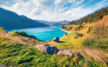 Picturesque Morning View Of Roselend Lake/Lac De Roselend. Sunny Autumn Scene Of Auvergne-Rhone-Alpes, France, Europe. Beauty Of Nature Concept Background.