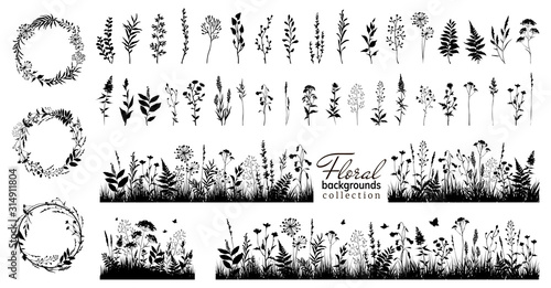 Cuadros en Lienzo Big floral collections of black silhouettes of meadow herbs, floral backgrounds and wreaths