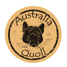 Quoll Head Silhouette Icon Vector Round Shabby Emblem Design, Old Retro Style. Australian Animal Logo Mail Stamp On Craft Paper. Realistic Quoll Shape Vintage Grunge Sign. Marsupial Marten.