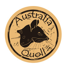 Quoll Head Silhouette Icon Vector Round Shabby Emblem Design, Old Retro Style. Australian Animal Logo Mail Stamp On Craft Paper. Realistic Quoll Shape Vintage Grunge Sign. Marsupial Marten.