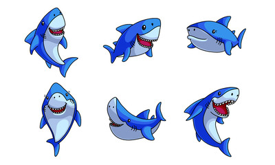 Wall Mural - Set of funny cute happy blue sharks vector illustration