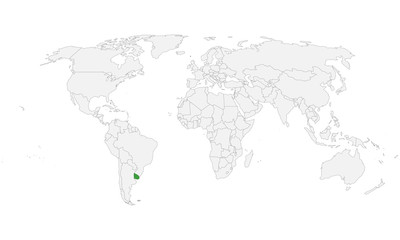  Uruguay highlighted world political map. Light gray background. South America. Perfect for backgrounds, business concepts, backdrop, banner, label, sticker, chart, and wallpapers.