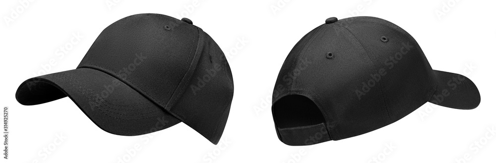 Black baseball cap in angles view front and back. Mockup baseball cap for your design - obrazy, fototapety, plakaty 