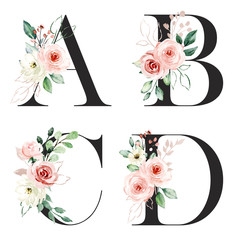 Wall Mural - Alphabet floral letters set with watercolor flowers pink roses and leaf. Monogram initials perfectly for wedding invitation, greeting card, logo, poster and other. Holiday design hand painting.