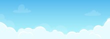 Background With Sky And Beautiful Clouds. Illustration For Flyer, Banner In Horizontal Orientation. Good Weather, Clear Sky. Vector, Flat Style.