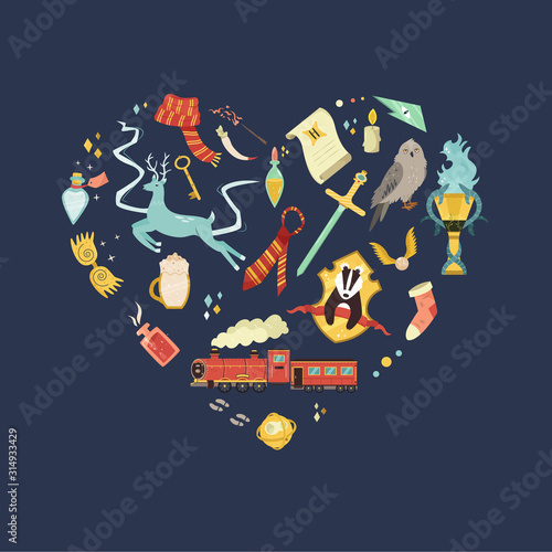 Cuadros en Lienzo Abstract design with magic creatures and items.