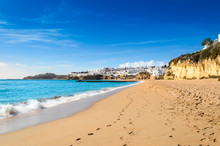 Sandy Beach In Albufeira Resort Village In Algarve, Portugal.