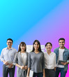 © saksit - Portrait of Asian creative business team. Hipster Creative Startup Young business people in modern office.isolate with gradient neon blue purple background