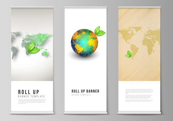 Vector layout of roll up mockup design templates for vertical flyers, flags design templates, banner stands, advertising. Save Earth planet concept. Sustainable development global business concept.