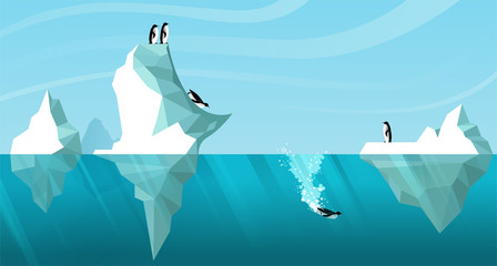 Arctic daytime landscape showing white icebergs floating in the ocean. Penguins roll off an iceberg like a slide and dive into the water. One penguin is swimming underwater. Vector. Wildlife scene 