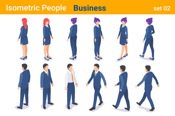 Wall Mural - Isometric Business People flat vector collection. Businessman and Businesswoman standing and walking back and front poses