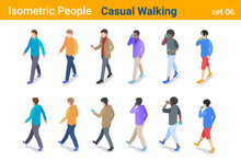Isometric Casual People Flat Vector Collection. Man Walking, Talking Or Looking On Mobile Phone, Back And Front Poses