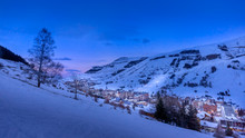 View On Alpine Village And Mountain Range, Les Deux Alpes At Down, Blue Hour.