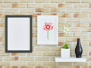 Wall Mural - Flower in a pot and black vase on the shelf; digital flower in a frame with mock up black picture frame against brown brick wall 3d rendering, 3d illustration