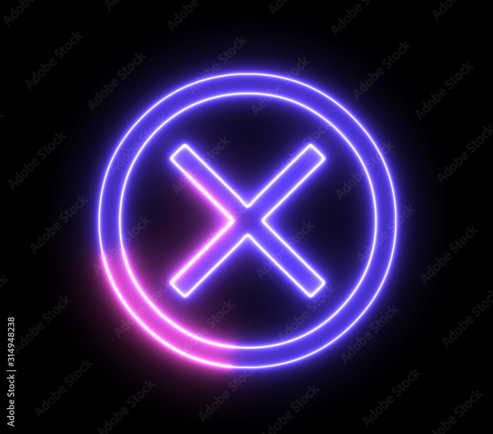 Neon cross mark, x symbol. Wrong, error concept with glowing, neon