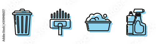 Fotografía Set line Plastic basin with soap suds , Trash can , Vacuum cleaner and Plastic bottles for liquid dishwashing liquid icon