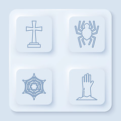 Canvas Print - Set line Tombstone with cross , Spider , Spider web and Zombie hand . White square button. Vector