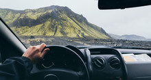 View from driver's seat over the road to Landmannalaugar, Iceland