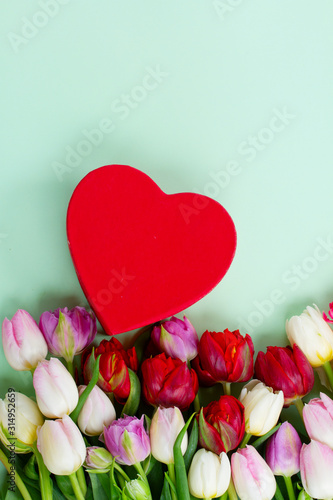 Fresh tulips flowers with heart