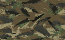 Seamless Brush Stroke Camouflage Print. Vector Pattern Green Brown Black Olive Colors Forest Texture. Fabric And Fashion Textile Paint. Camouflage Pattern Background. Vector Seamless Camouflage