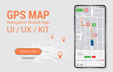 Wall Mural - map gps navigation smartphone app screen. ui, ux, kit mobile application. thoughtful and simple appl