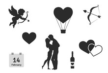 Set Of Love Symbols And Valentine's Day Design Elements. Couple, Cupid And Hearts Icons