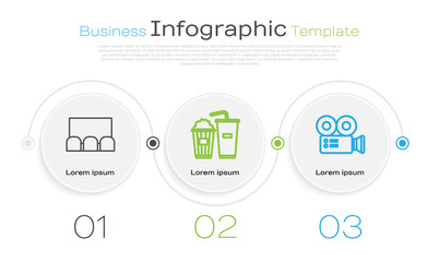 Sticker - Set line Cinema auditorium with screen and seats , Popcorn and soda drink glass and Cinema camera . Business infographic template. Vector