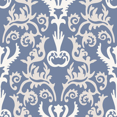 French blu shabby chic damask vector texture background. Antique ecru blue flourish seamless pattern. Hand drawn ornate floral interior wallpaper home decor swatch. Classic baroque style allover print